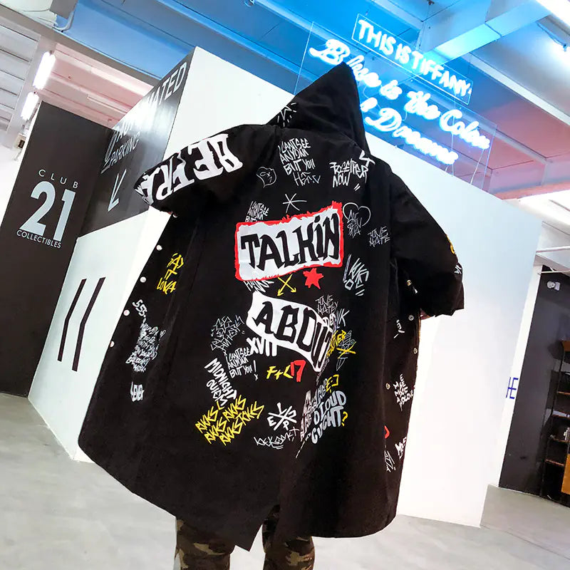 Graffiti Long Jacket - Stylish American Men's Coat
