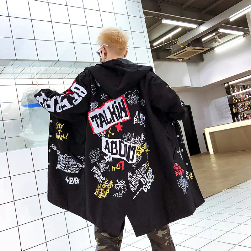 Graffiti Long Jacket - Stylish American Men's Coat