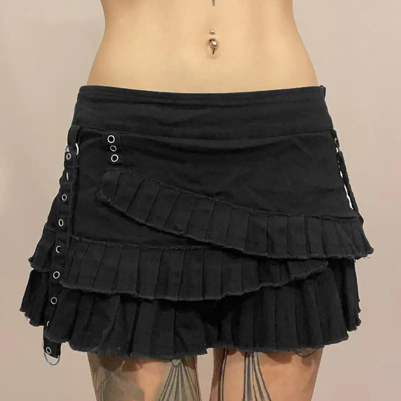Irregular Pleated Denim Skirt with Metal Buckle